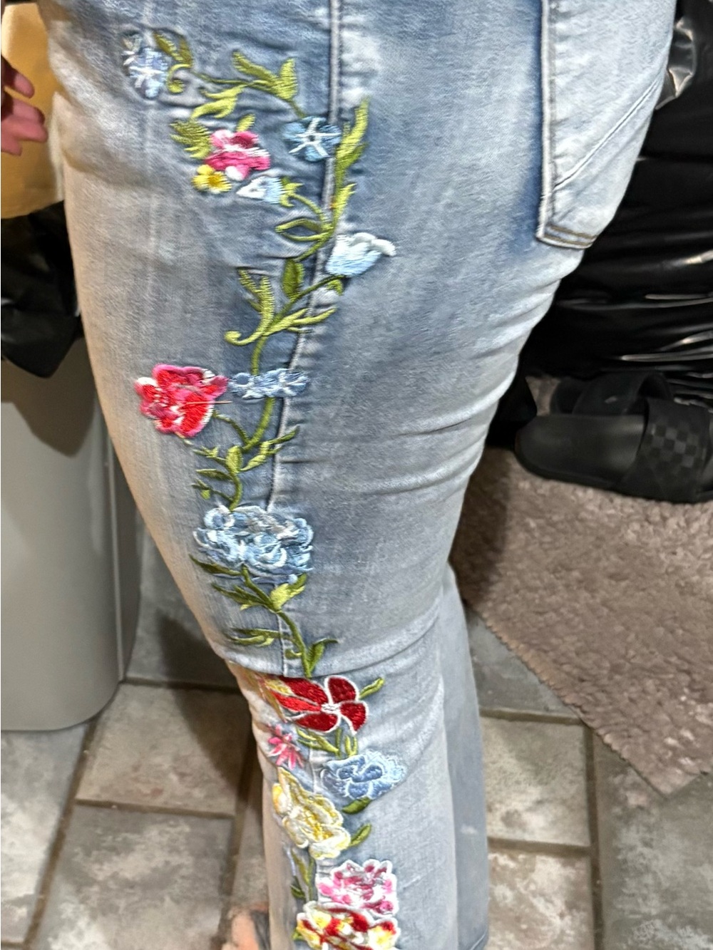 Light Blue Embroidered Flare Jeans with Floral Trim